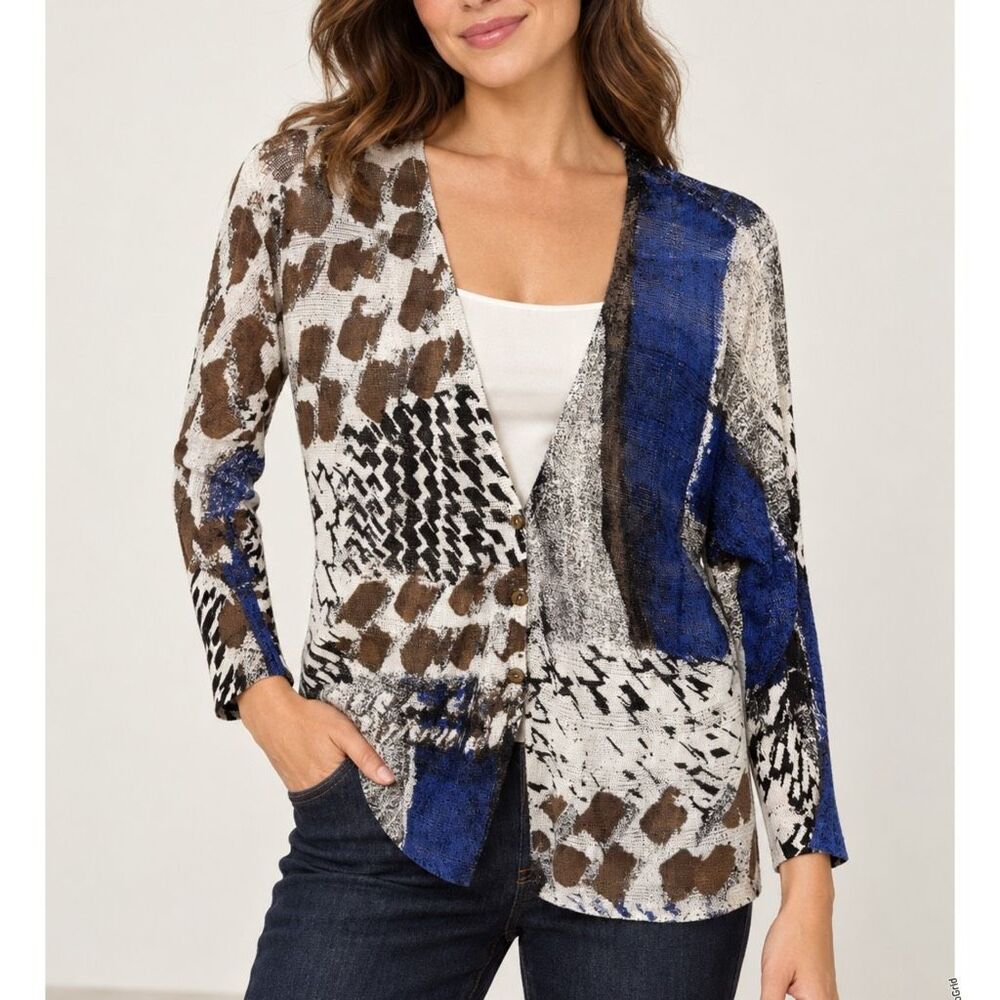 Nic + Zoe PS Abstract Animal Print Linen Blend Cardigan Women